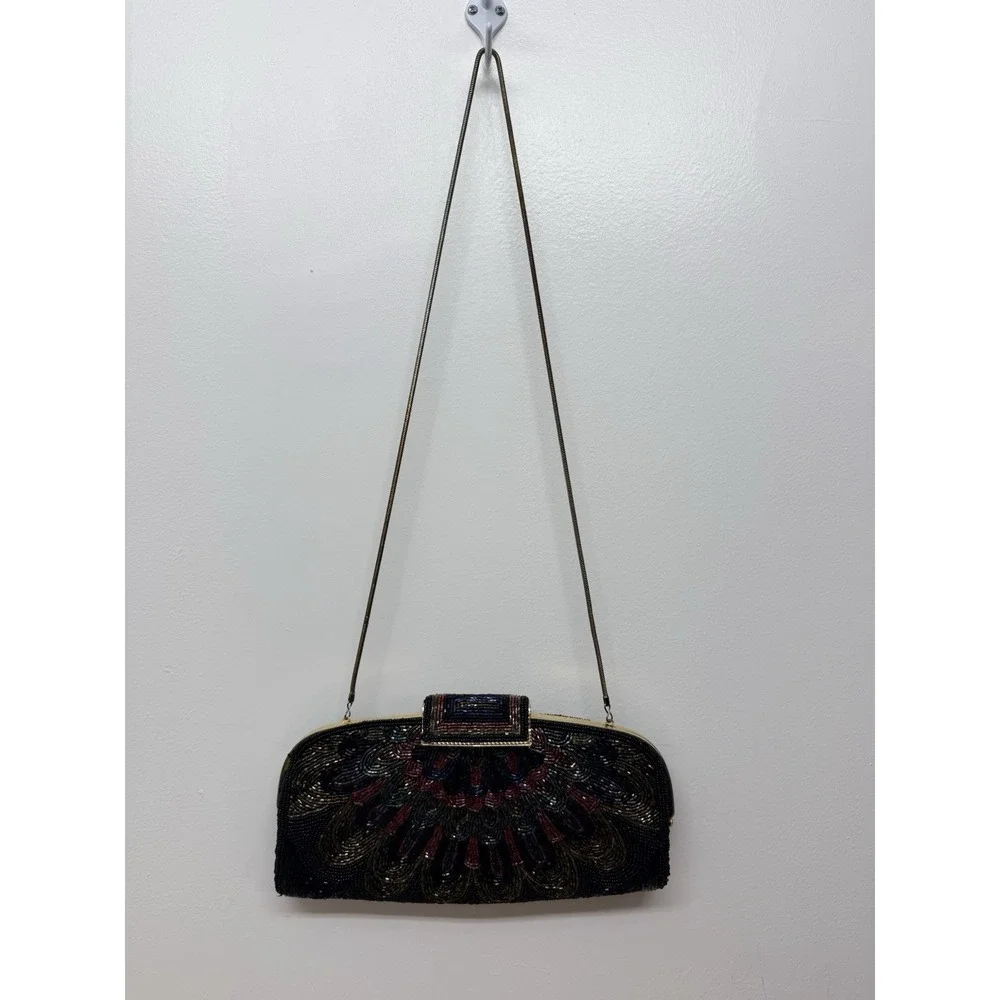 Vintage Beaded Clutch Purse Glass Seed Beads‎ Floral Art Deco Evening Bag #54